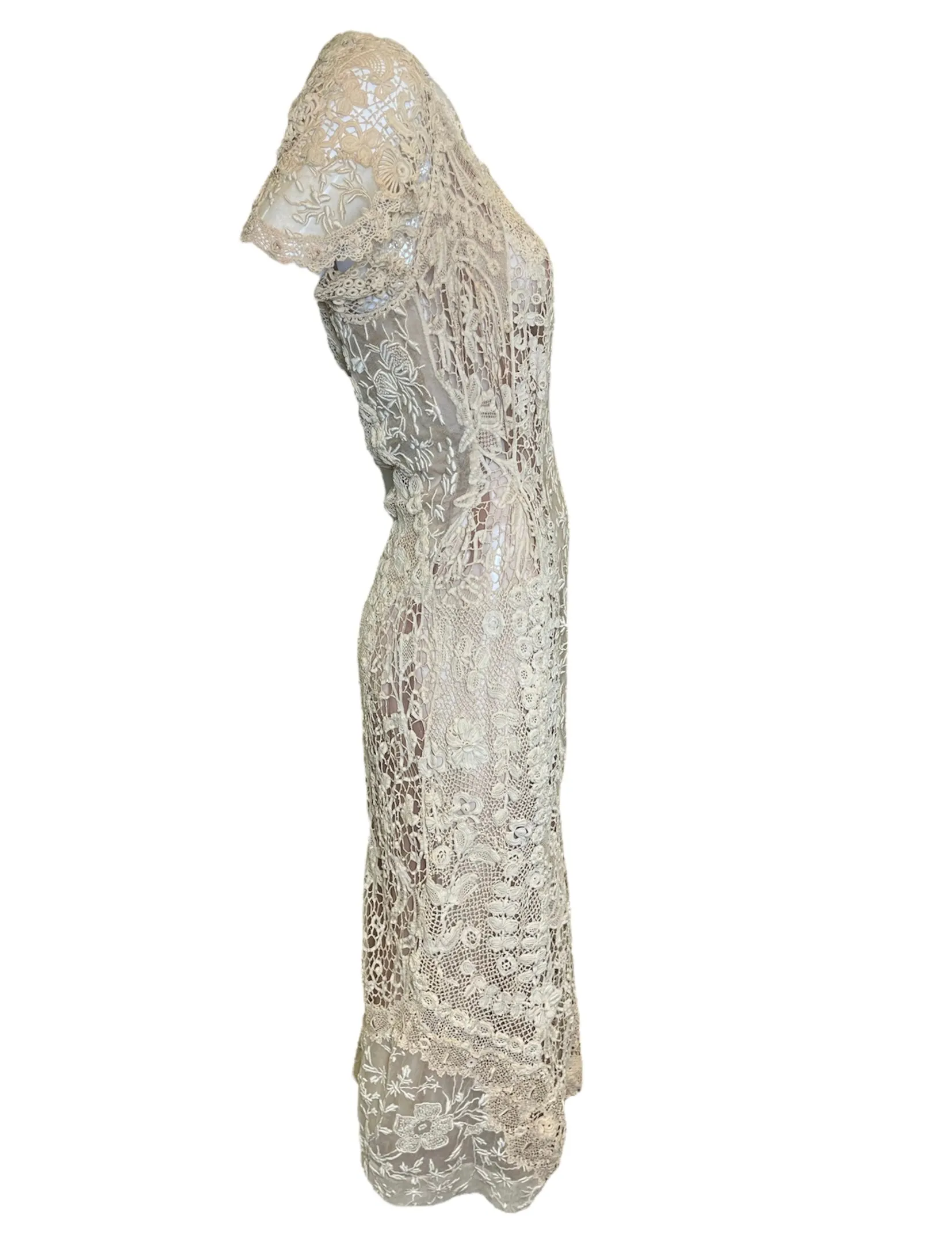 1920s Ecru Irish Crochet and Hand Embroidered Dress