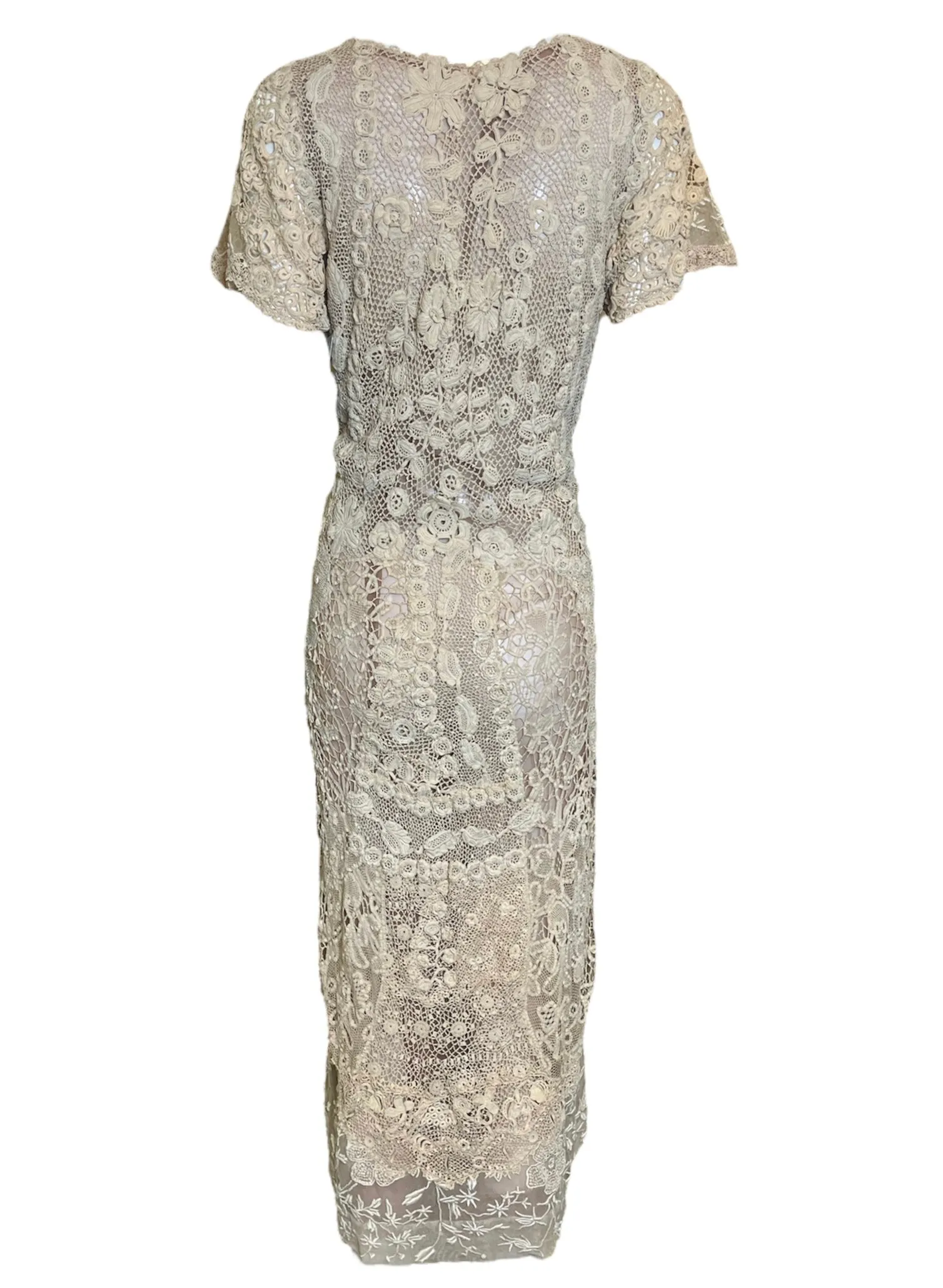 1920s Ecru Irish Crochet and Hand Embroidered Dress