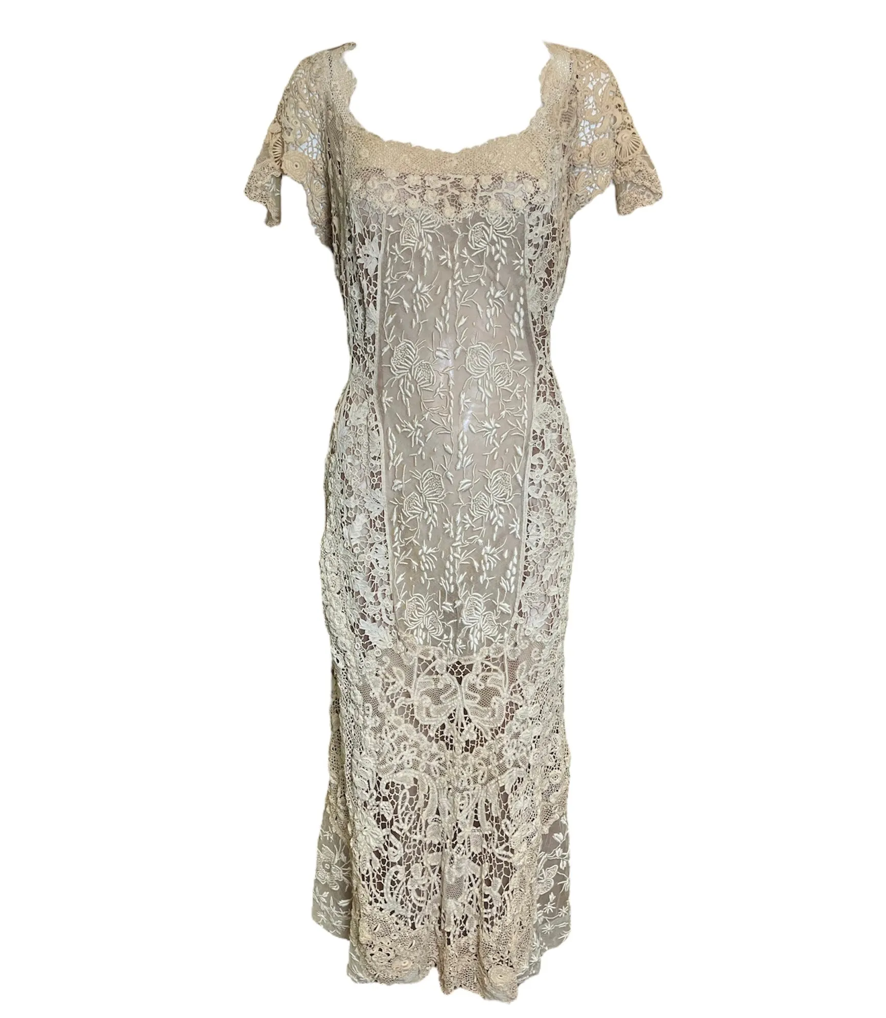 1920s Ecru Irish Crochet and Hand Embroidered Dress
