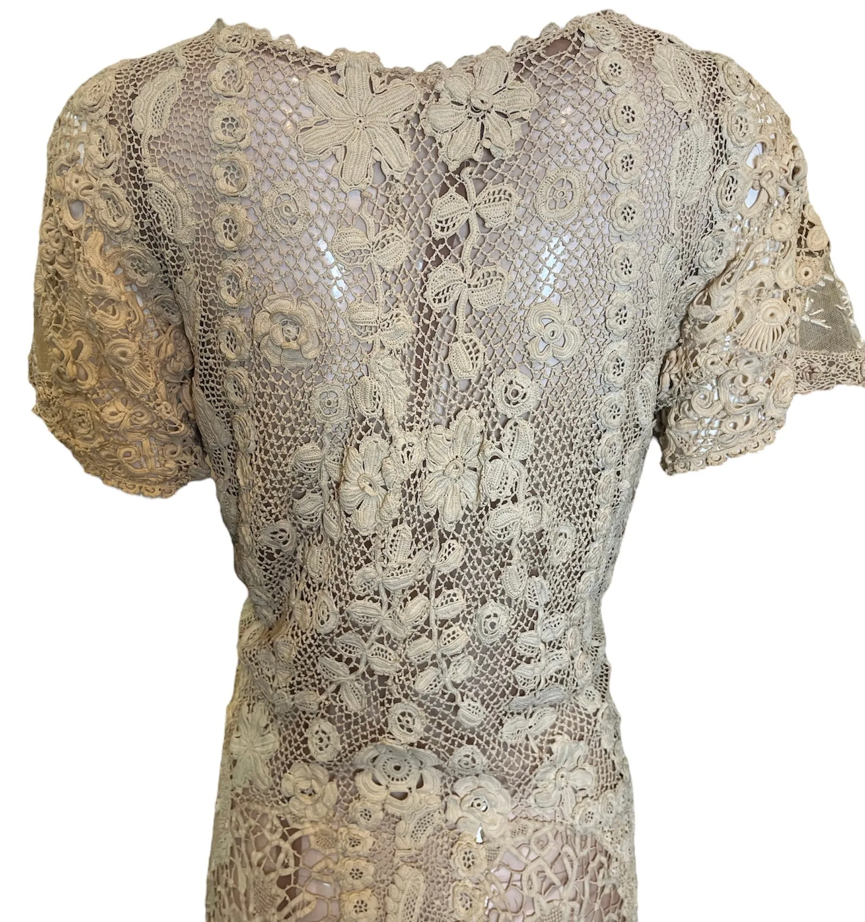 1920s Ecru Irish Crochet and Hand Embroidered Dress