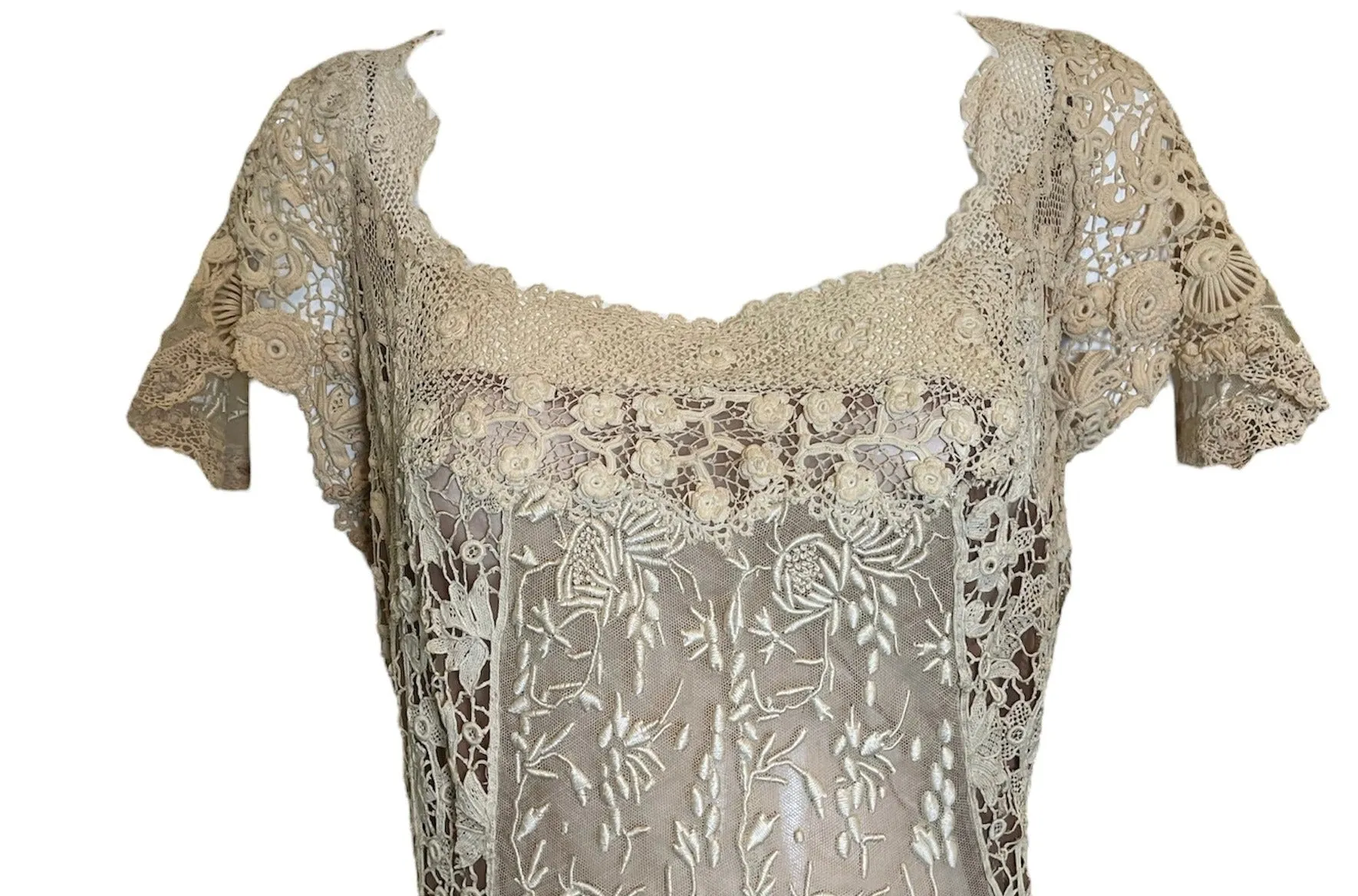 1920s Ecru Irish Crochet and Hand Embroidered Dress