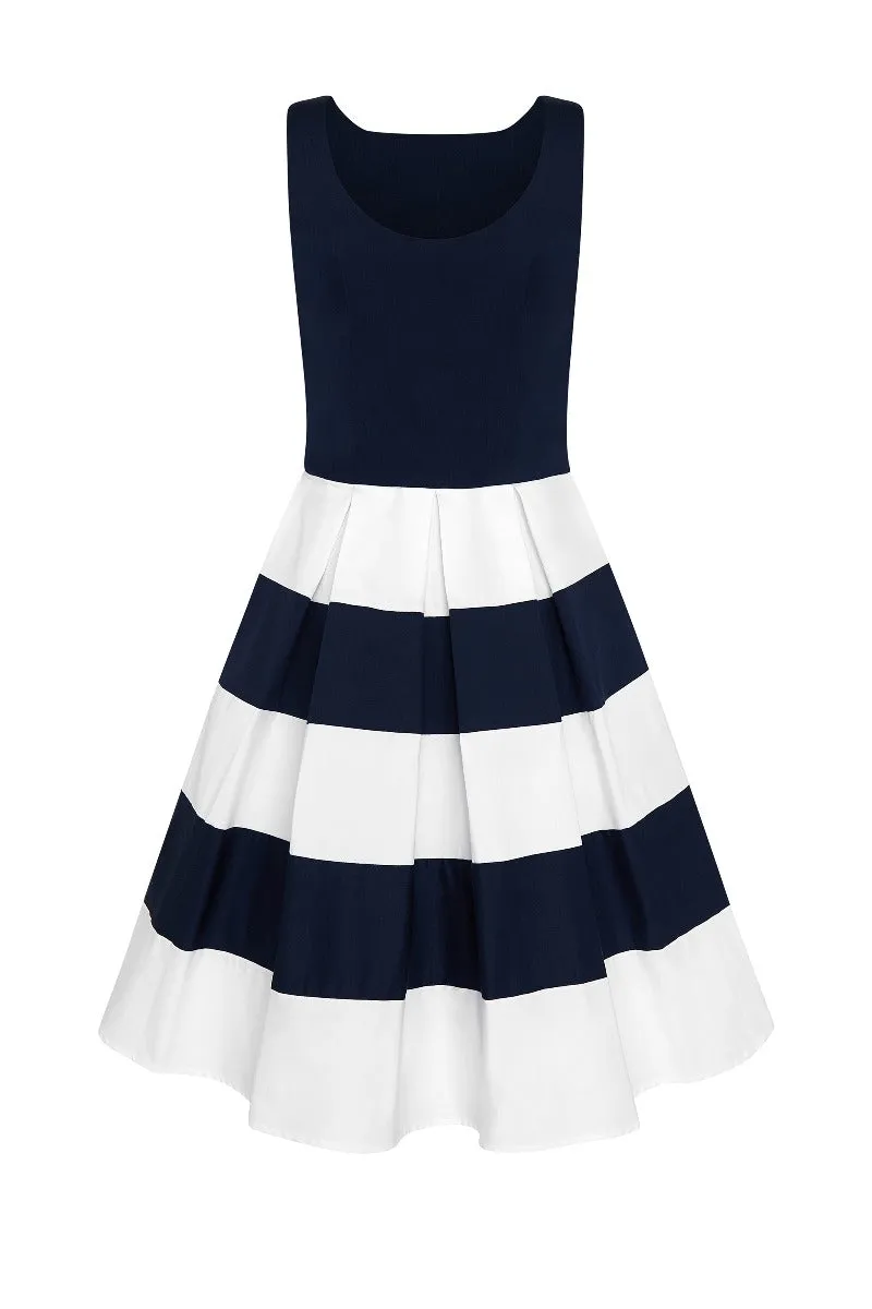Anna Nautical Striped 50s Swing Dress in Navy