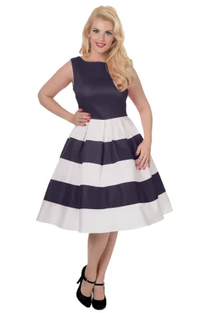Anna Nautical Striped 50s Swing Dress in Navy