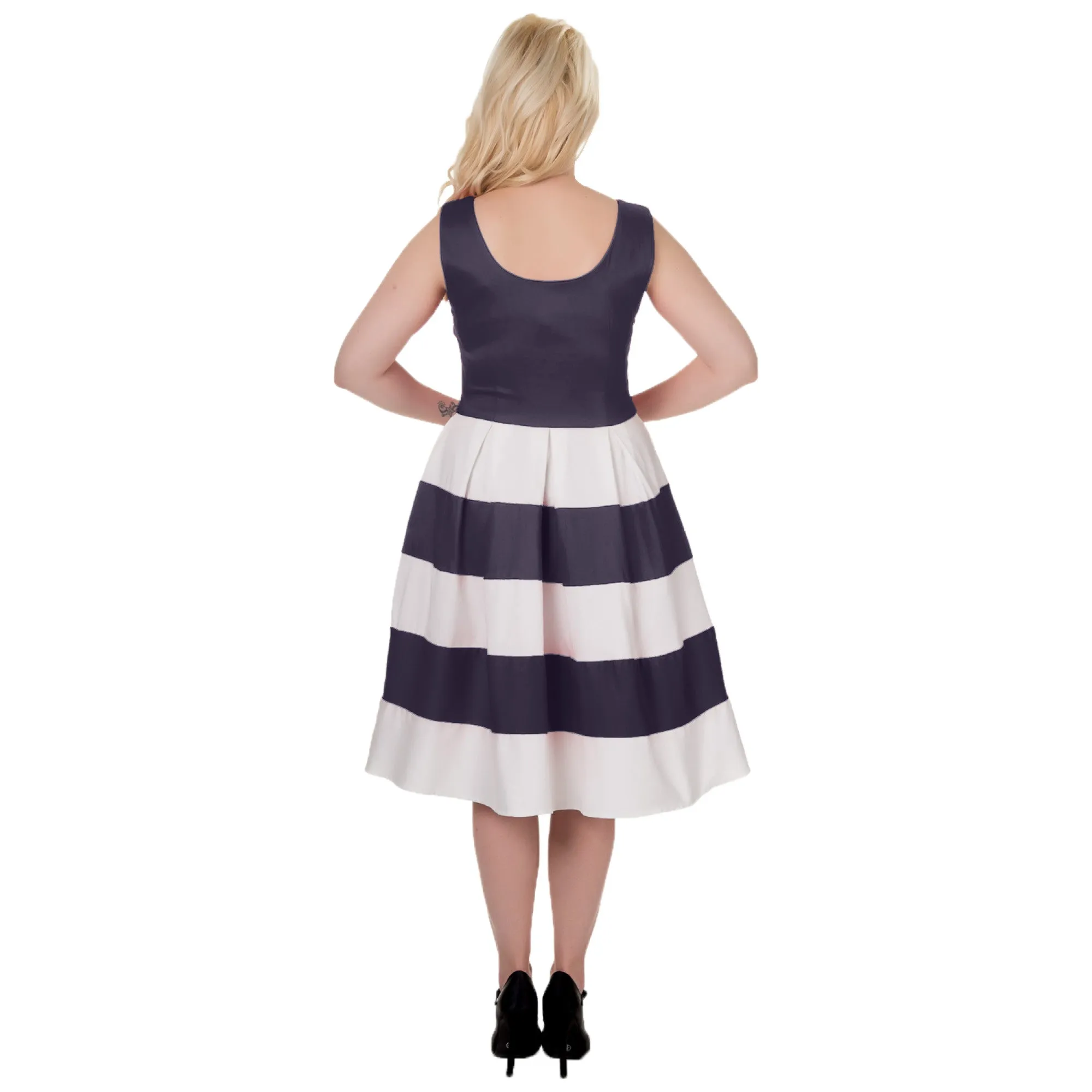 Anna Nautical Striped 50s Swing Dress in Navy