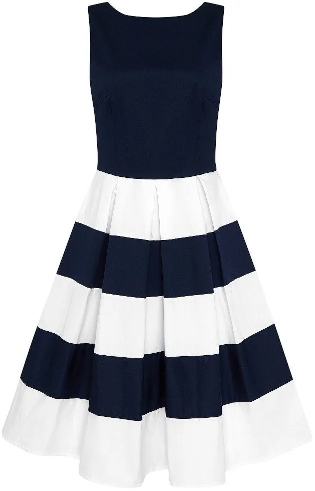 Anna Nautical Striped 50s Swing Dress in Navy