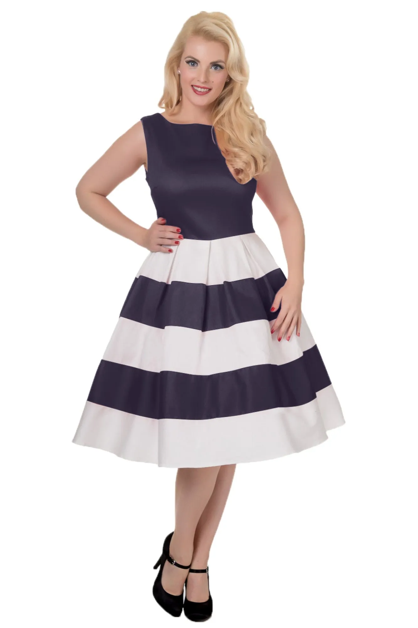 Anna Nautical Striped 50s Swing Dress in Navy