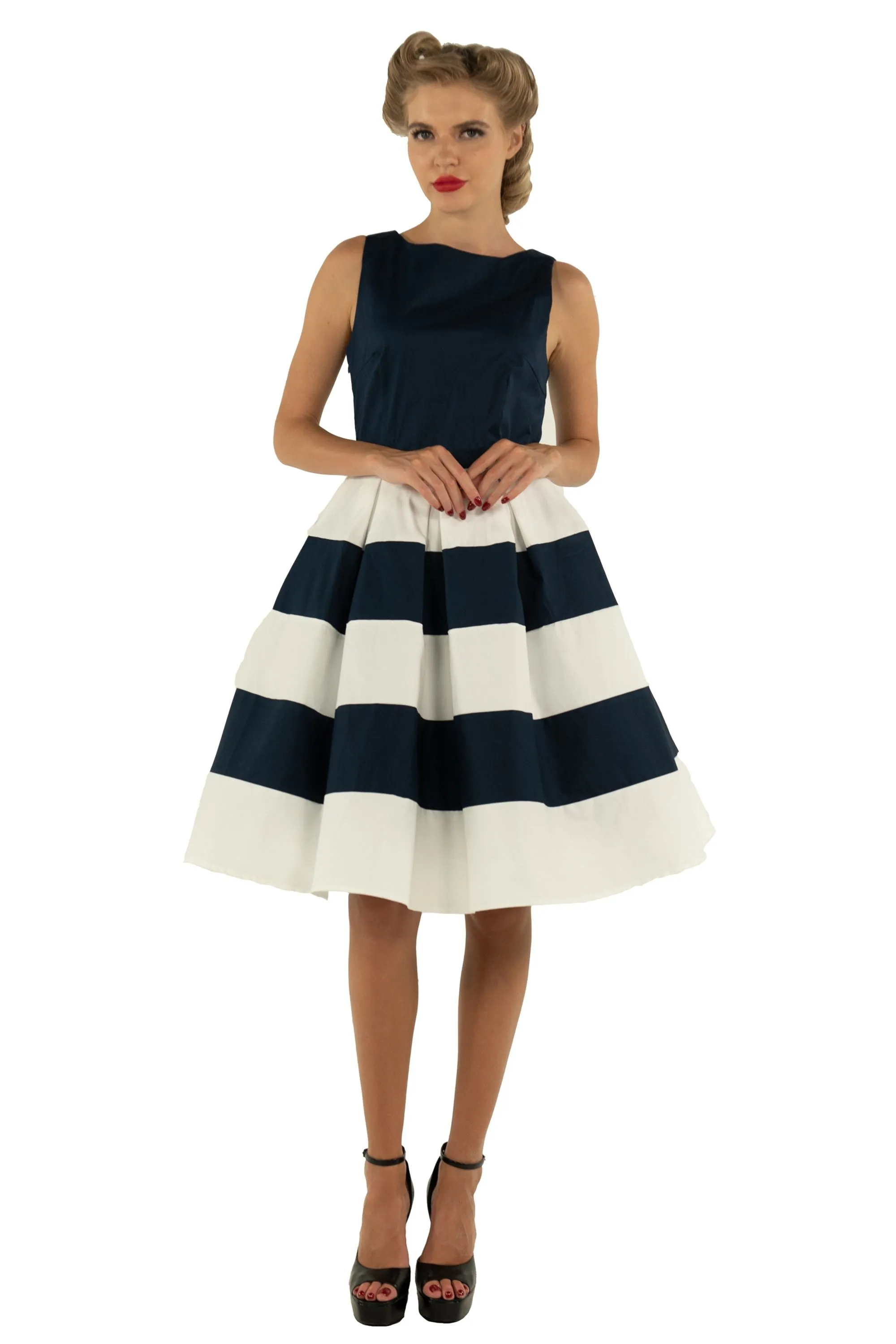 Anna Nautical Striped 50s Swing Dress in Navy