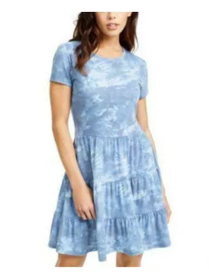 BEBOP Womens Blue Tie Dye Crew Neck Mini Fit   Flare Dress