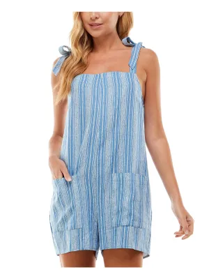 BEBOP Womens Blue Tie Pocketed Unlined Striped Sleeveless Square Neck Wide Leg Romper
