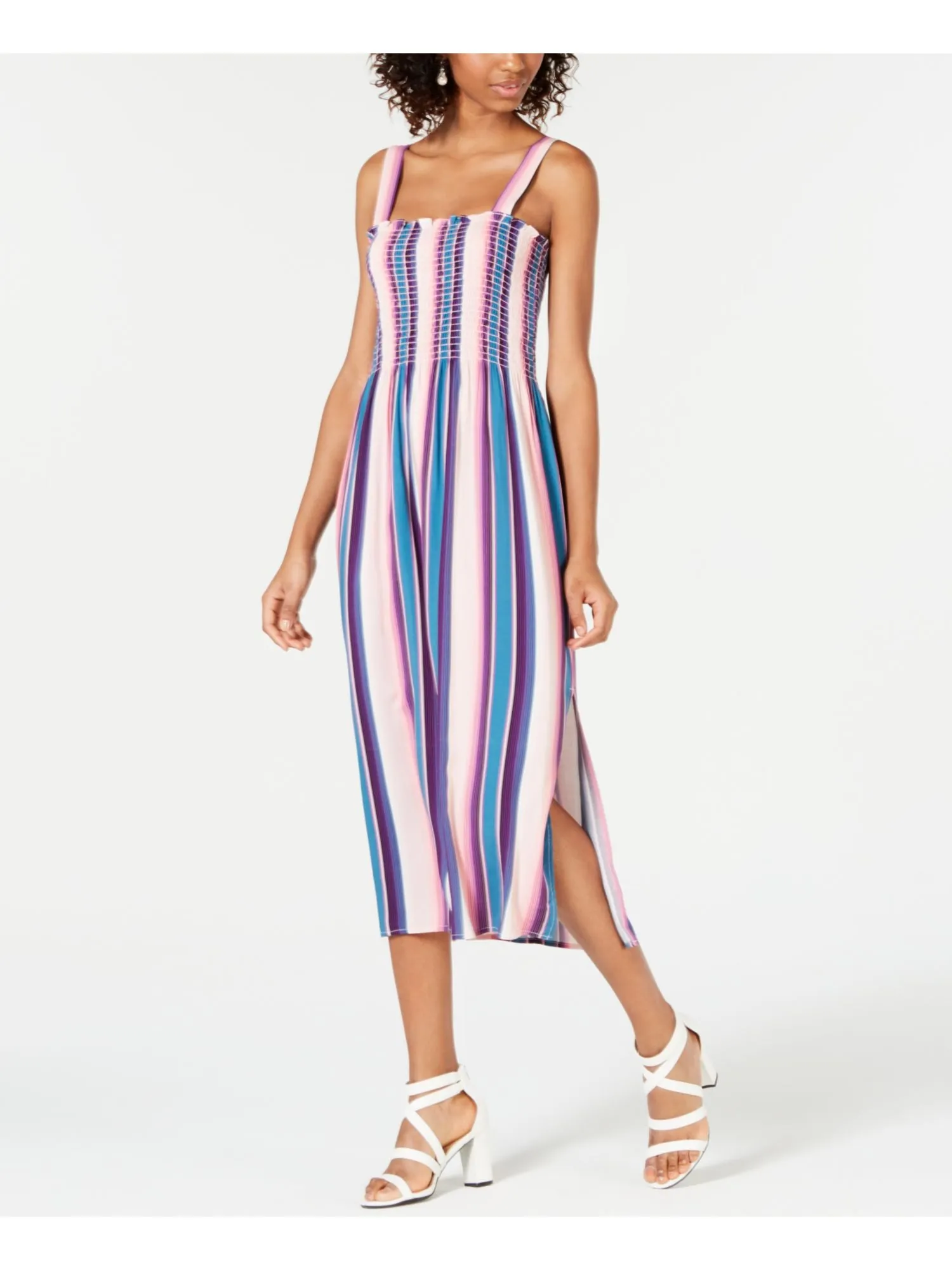 BEBOP Womens Slitted Striped Sleeveless Square Neck Midi Dress