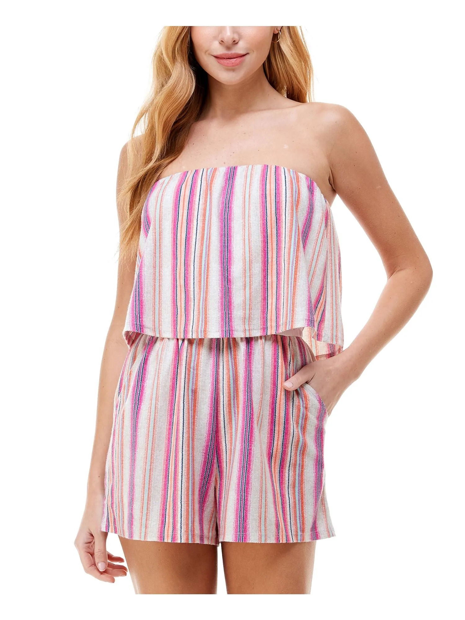 BEBOP Womens Stretch Pocketed Color Block Sleeveless Strapless Straight leg Romper