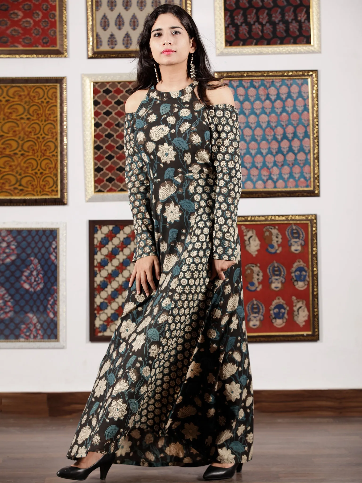 Black Indigo Beige Hand Block Printed Cotton Long Dress With Cold Shoulders  - D307F1365