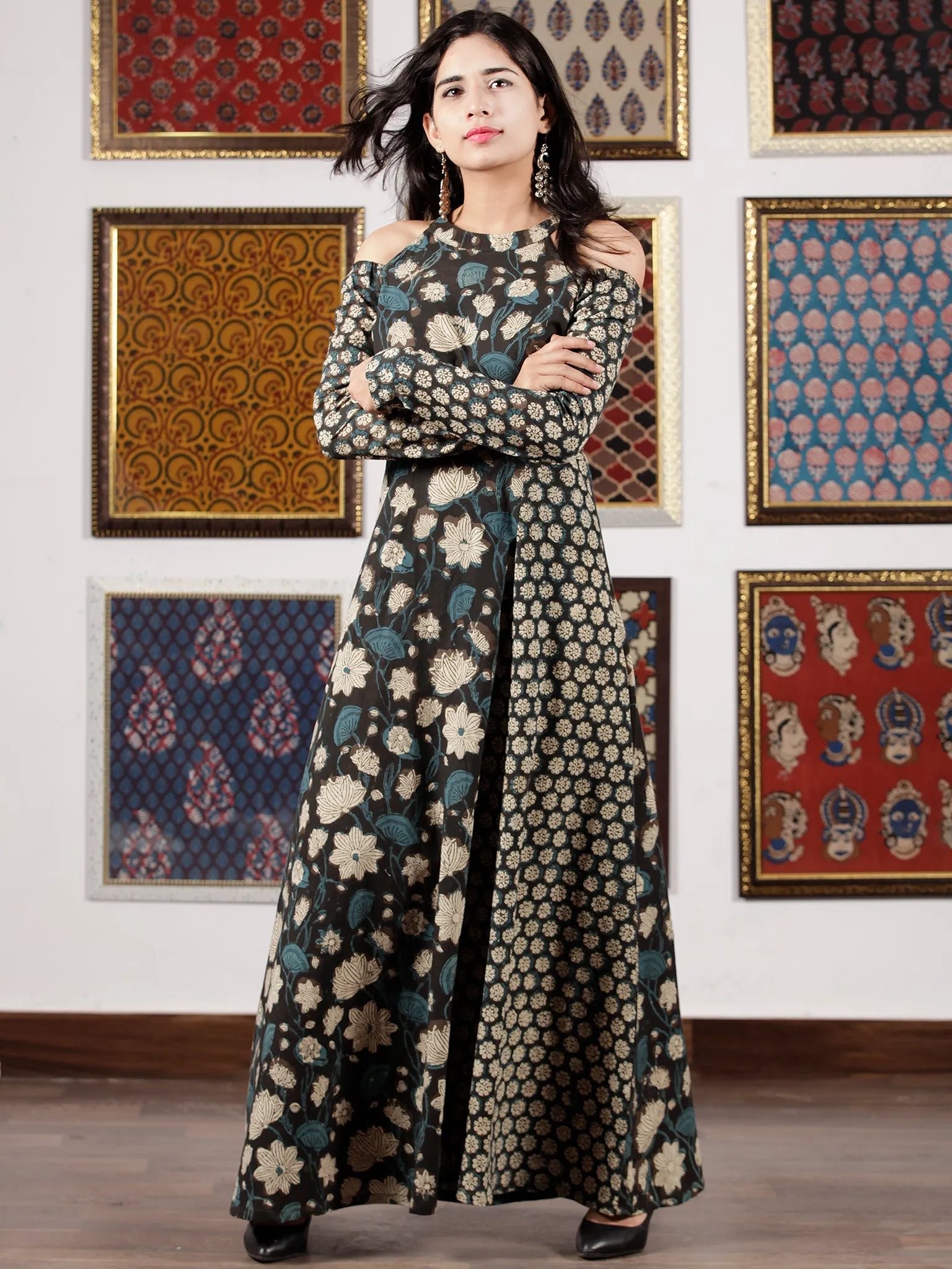 Black Indigo Beige Hand Block Printed Cotton Long Dress With Cold Shoulders  - D307F1365