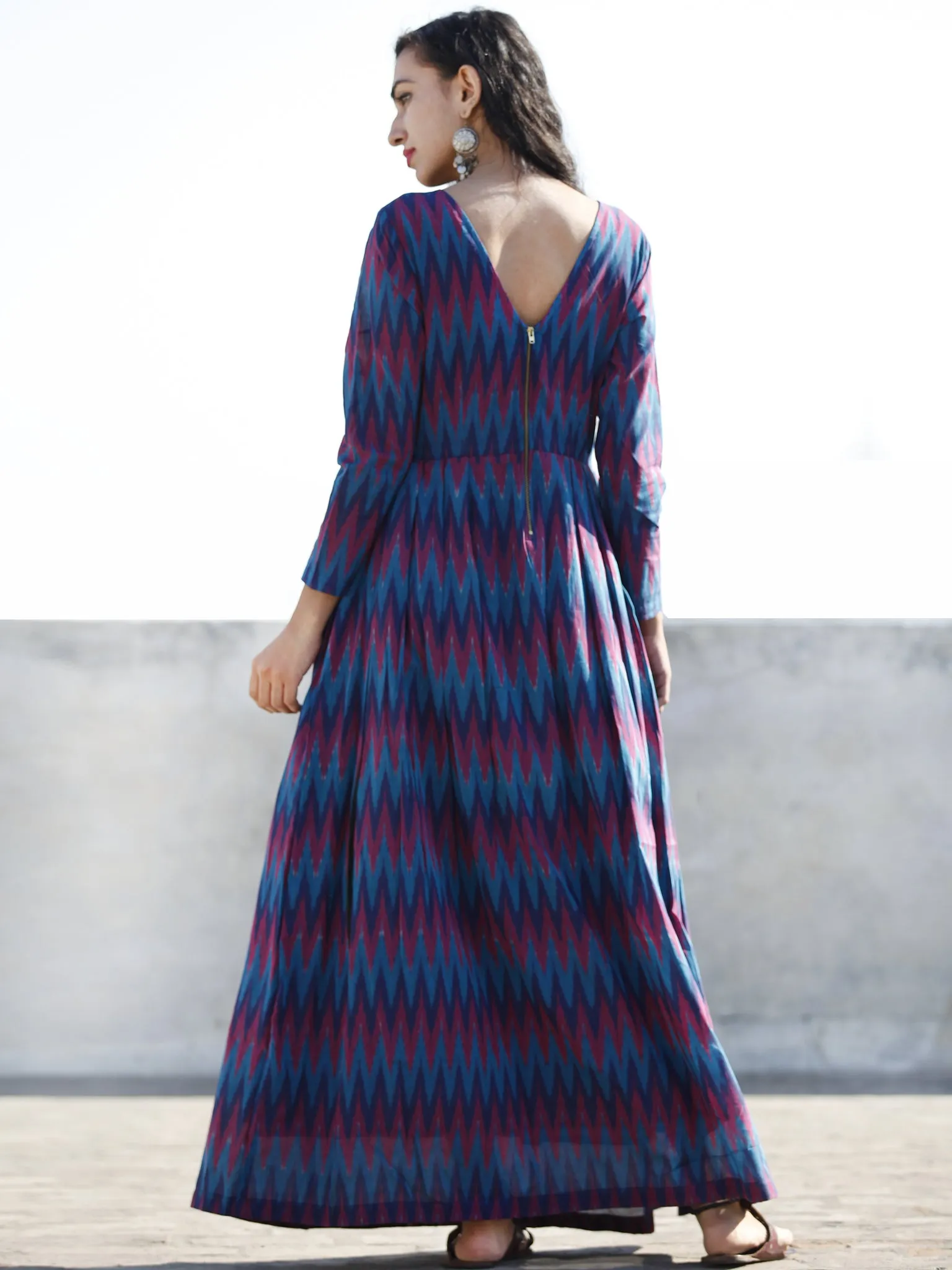 Blue Magenta Violet Handwoven Long Mercized Ikat Dress (Lining Attached)-  D168F838