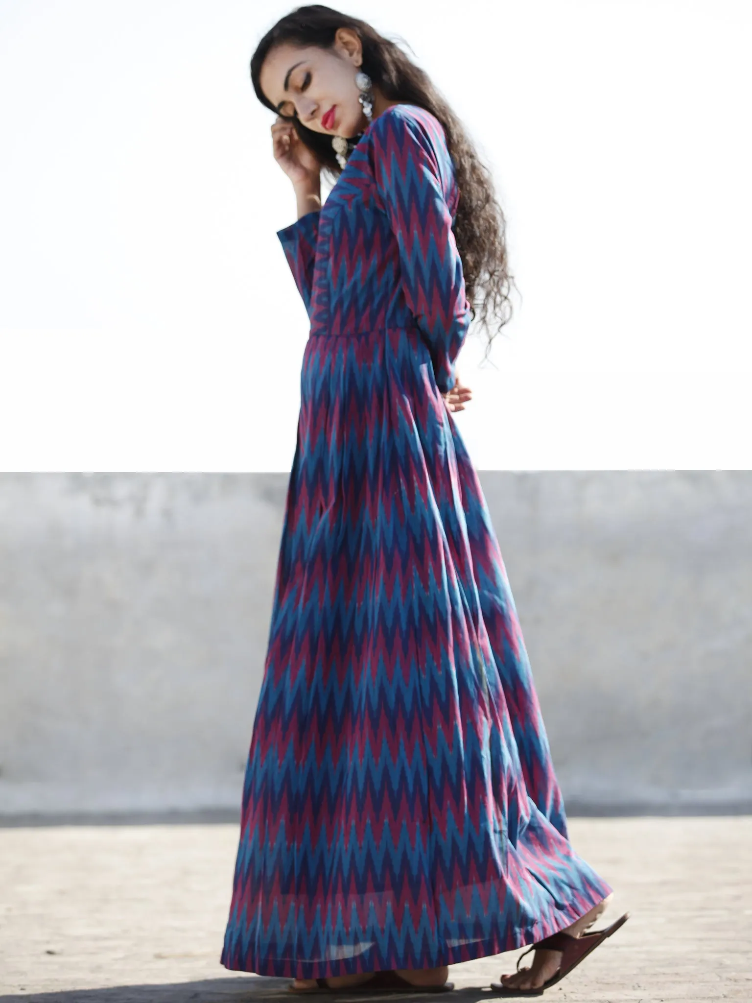 Blue Magenta Violet Handwoven Long Mercized Ikat Dress (Lining Attached)-  D168F838