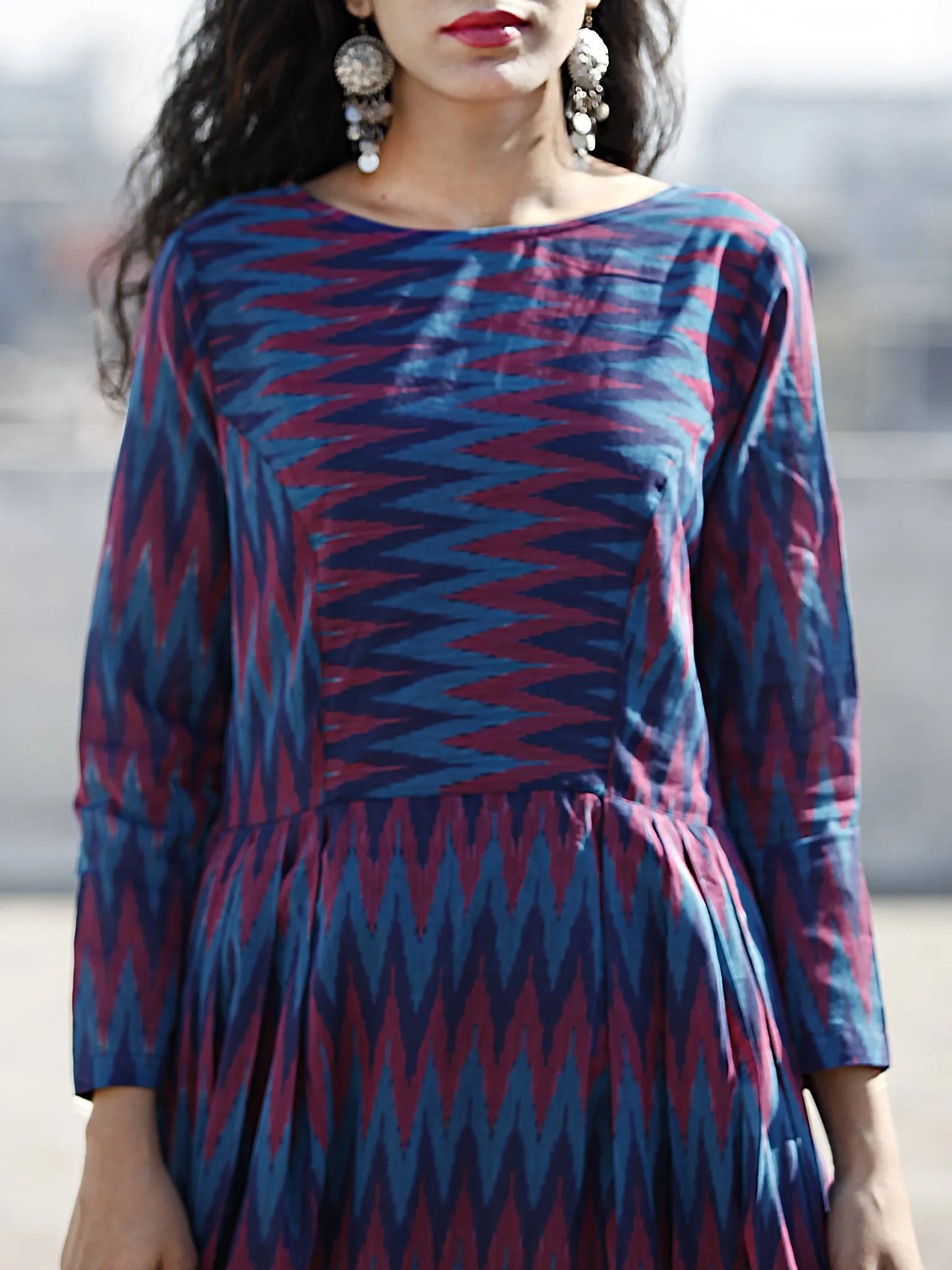 Blue Magenta Violet Handwoven Long Mercized Ikat Dress (Lining Attached)-  D168F838