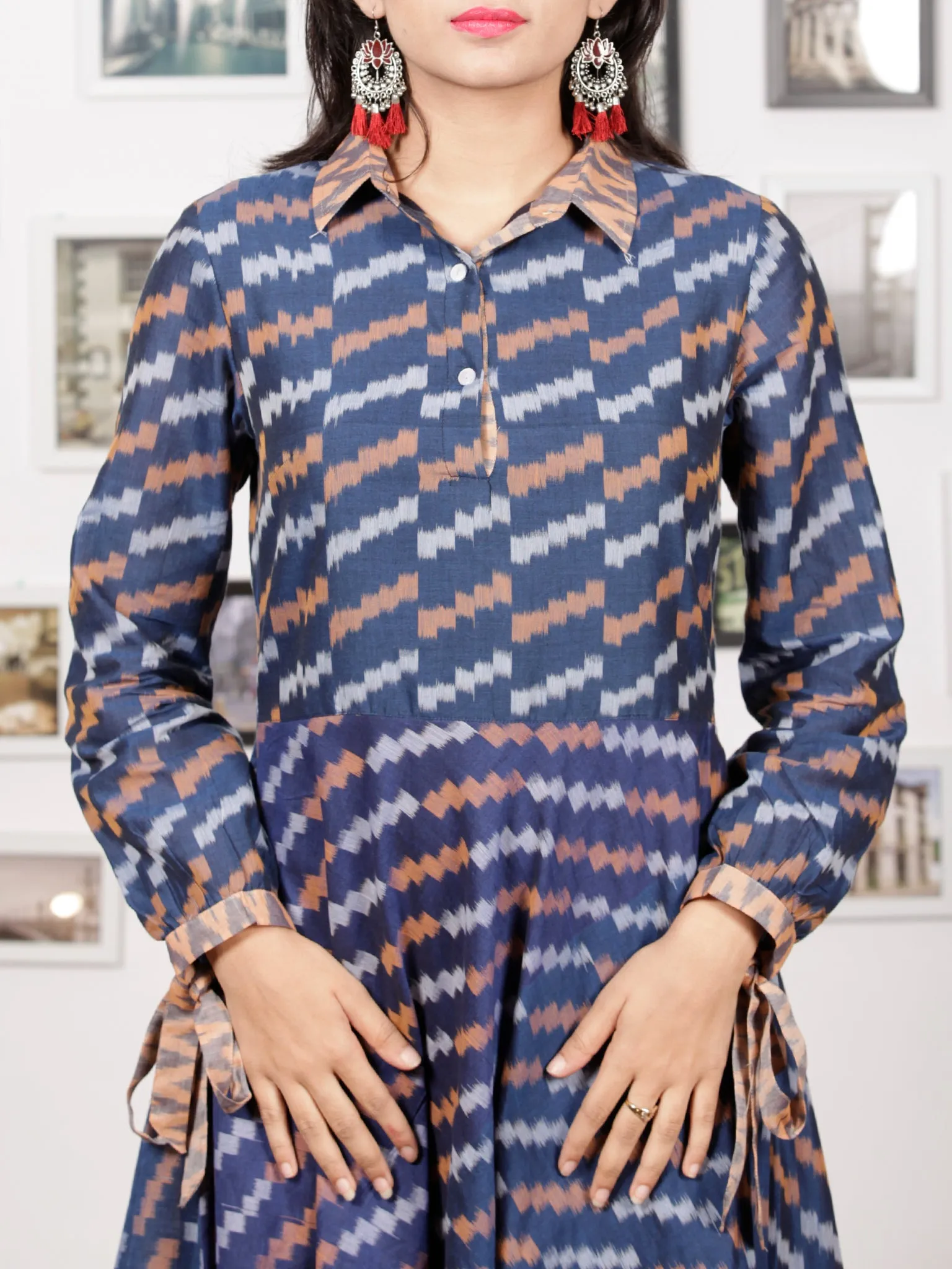 Blue Peach Grey White Handloom Mercerised Ikat Cotton Middi Dress With Collar & Knot Sleeves - D277F1405