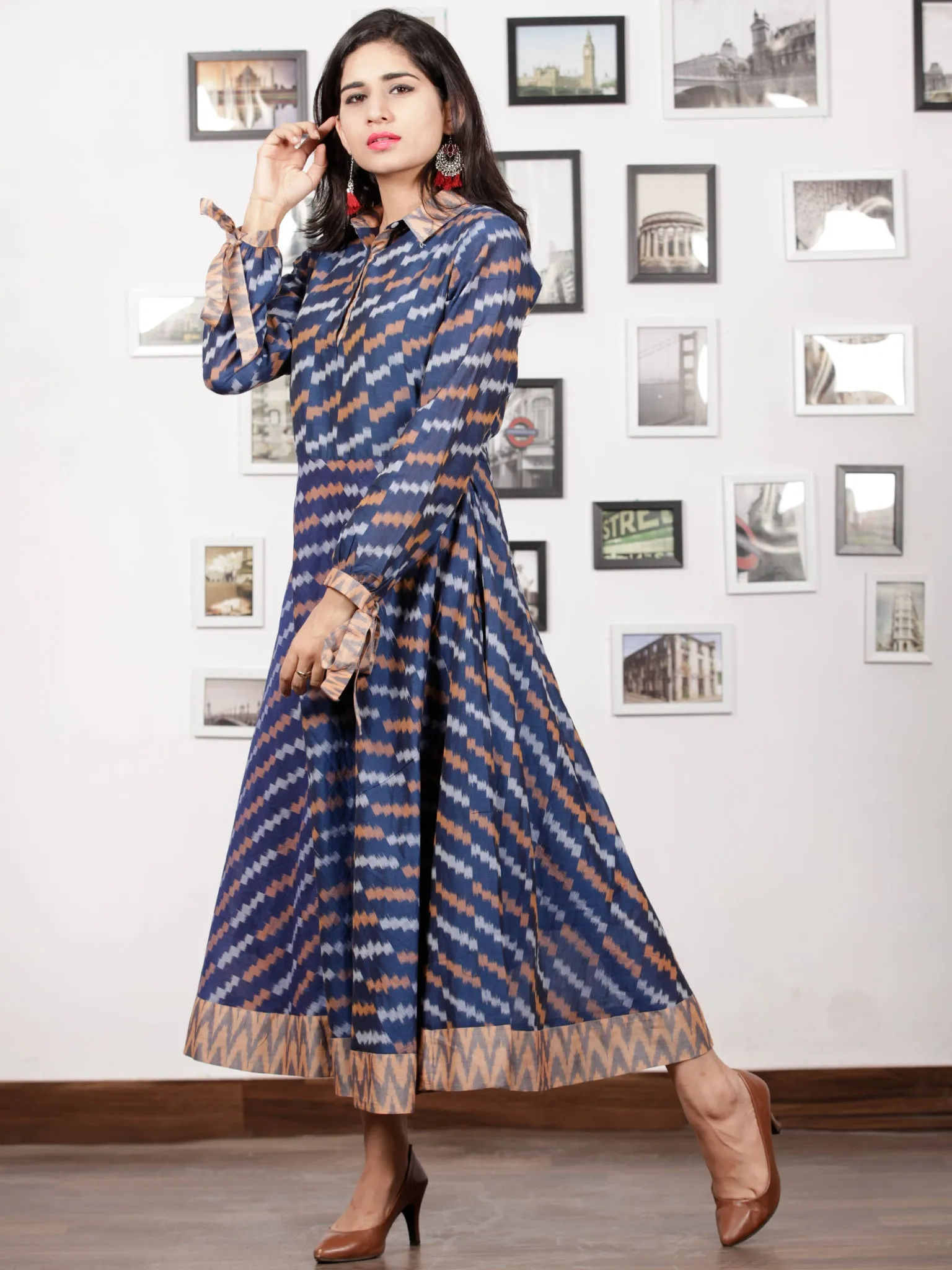 Blue Peach Grey White Handloom Mercerised Ikat Cotton Middi Dress With Collar & Knot Sleeves - D277F1405