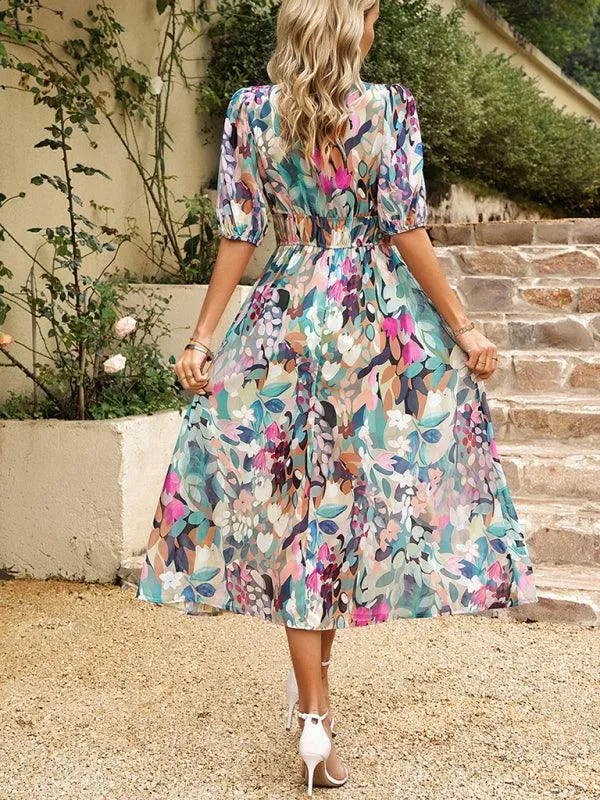 Bohemian Elegance V-Neck Dress with Stylish Waist Accents