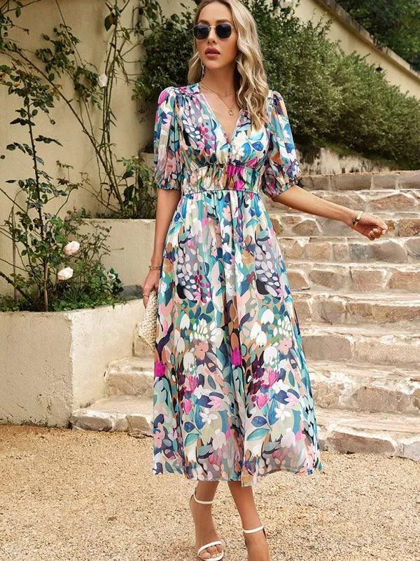 Bohemian Elegance V-Neck Dress with Stylish Waist Accents