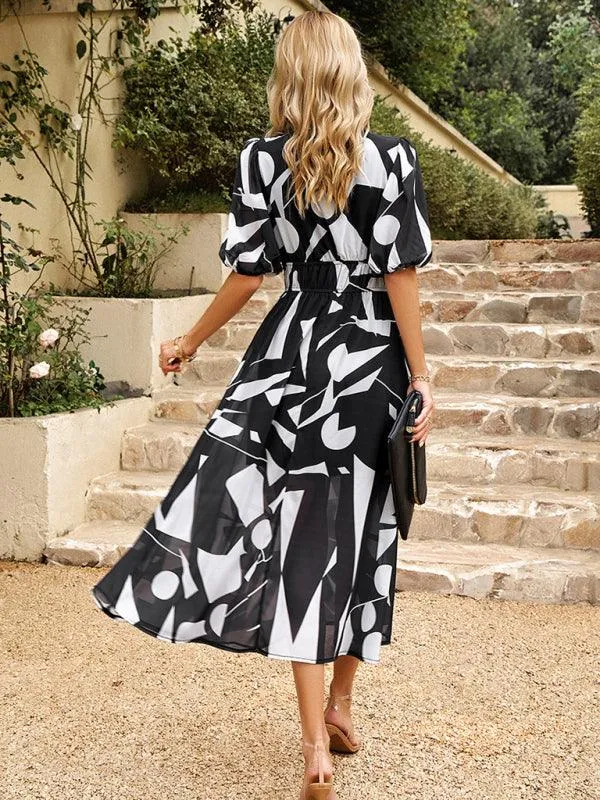 Bohemian Elegance V-Neck Dress with Stylish Waist Accents