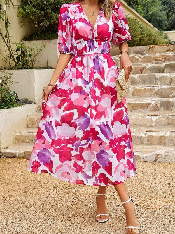 Bohemian Elegance V-Neck Dress with Stylish Waist Accents