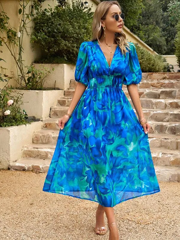 Bohemian Elegance V-Neck Dress with Stylish Waist Accents