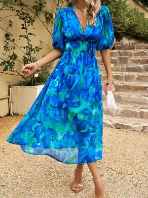 Bohemian Elegance V-Neck Dress with Stylish Waist Accents