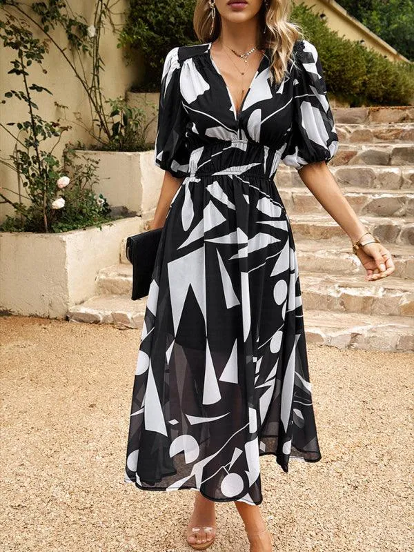 Bohemian Elegance V-Neck Dress with Stylish Waist Accents