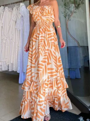 Bohemian Leaf Print Asymmetrical Summer Dress for Women
