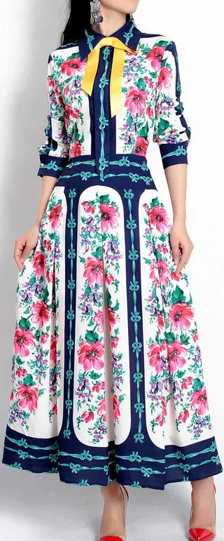 Bow-Tie & Floral Printed Midi Dress