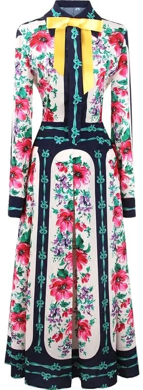 Bow-Tie & Floral Printed Midi Dress