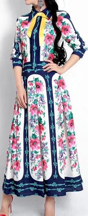 Bow-Tie & Floral Printed Midi Dress