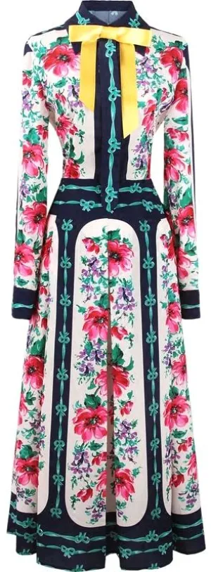 Bow-Tie & Floral Printed Midi Dress
