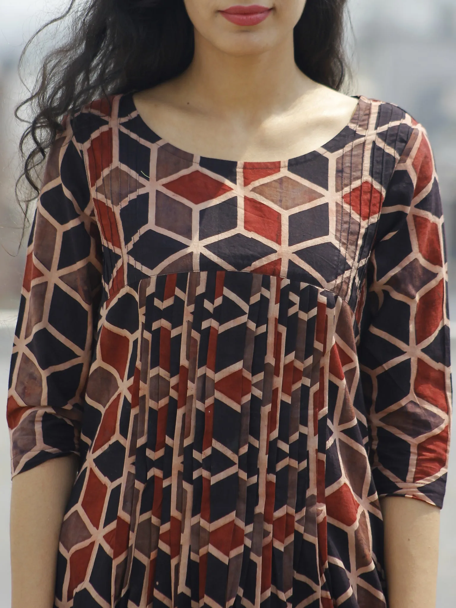 Brown Black Maroon Beige Ajrakh Hand Block Printed Cotton Dress  - D108F634