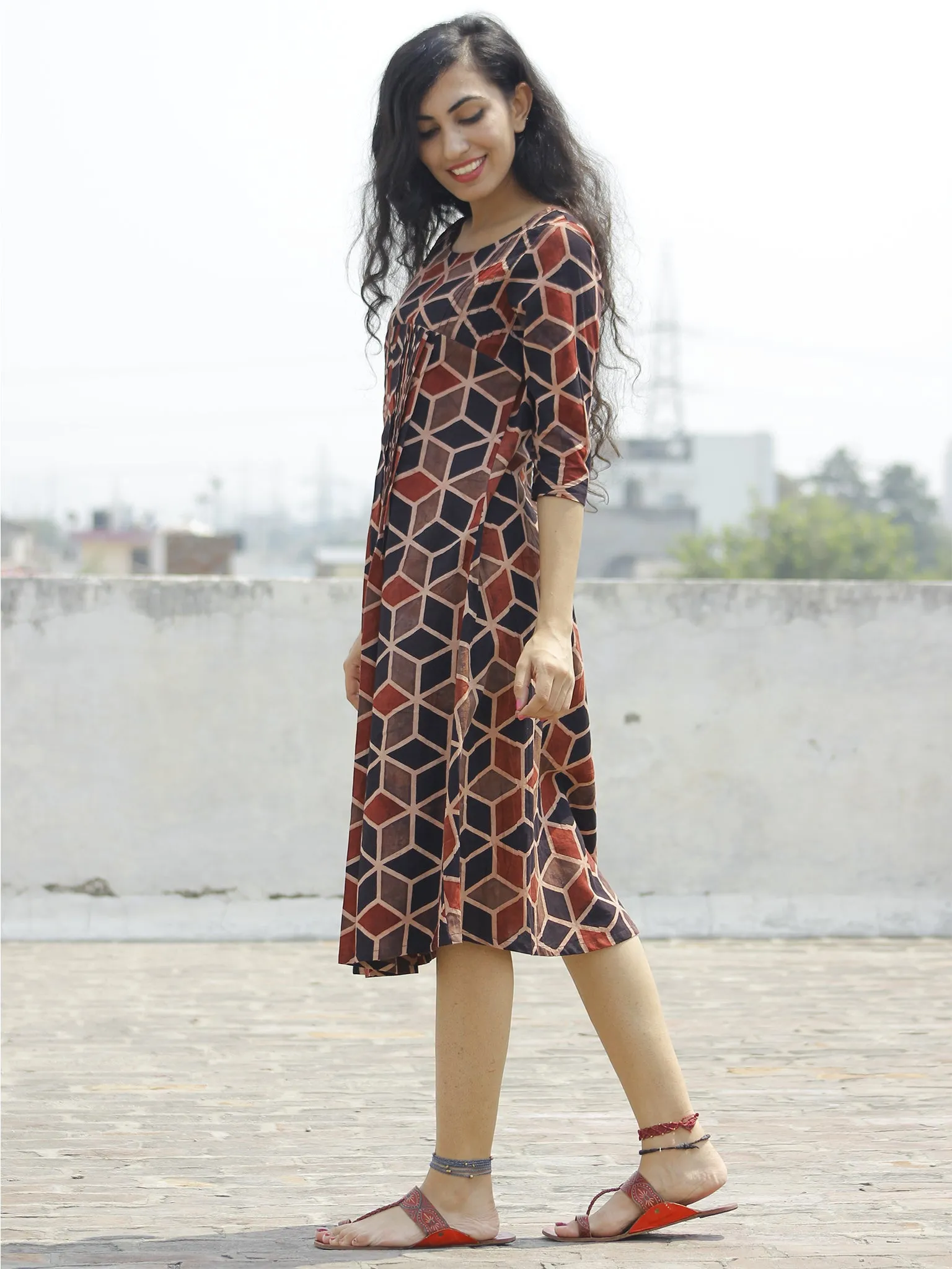 Brown Black Maroon Beige Ajrakh Hand Block Printed Cotton Dress  - D108F634