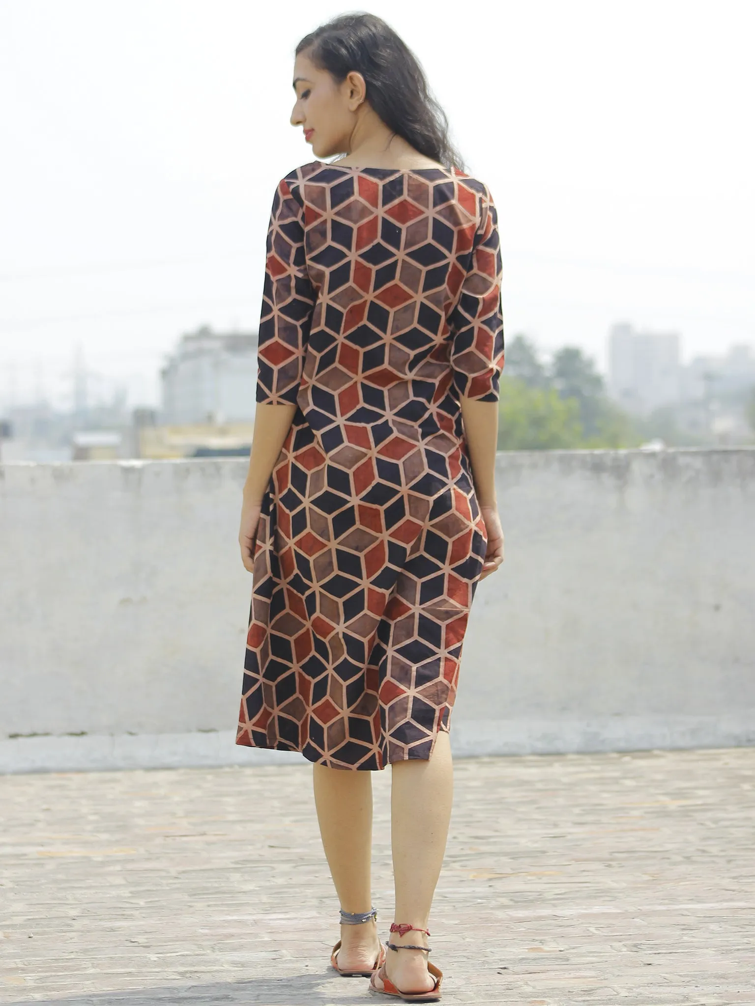 Brown Black Maroon Beige Ajrakh Hand Block Printed Cotton Dress  - D108F634