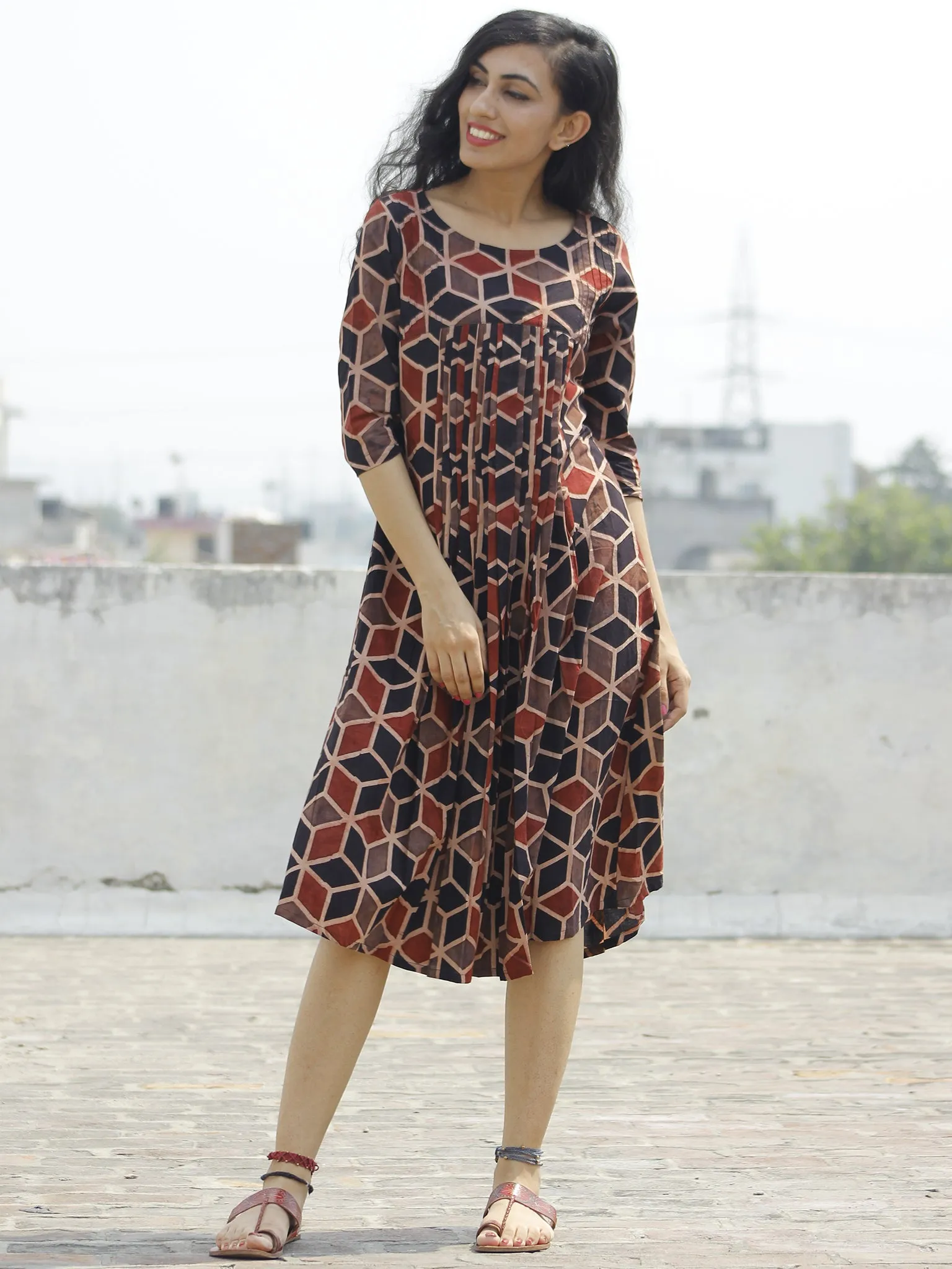 Brown Black Maroon Beige Ajrakh Hand Block Printed Cotton Dress  - D108F634