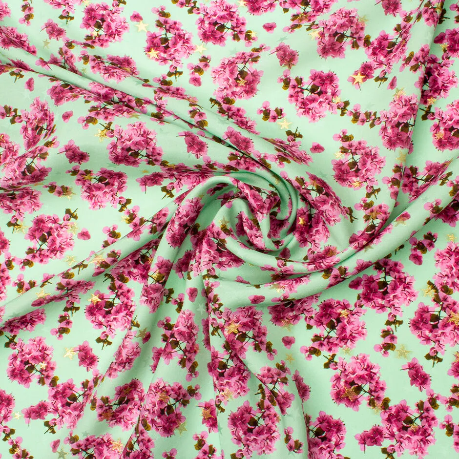 Candy Pink Floral Printed Mint Green Silk Jacquard