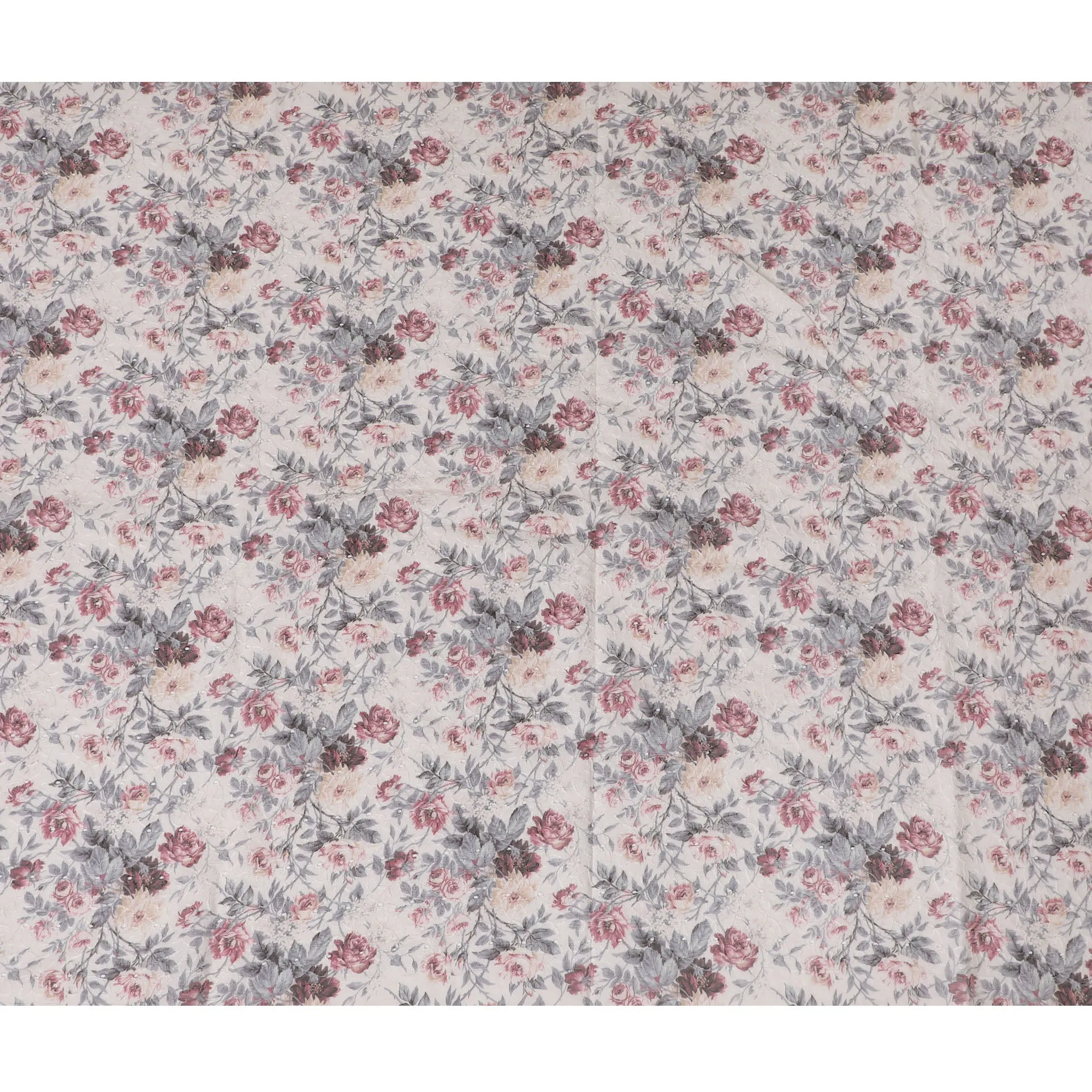 Charming Ivory Floral blended Cotton Lawn Fabric with Embroidery - 110 cm Wide - D19589