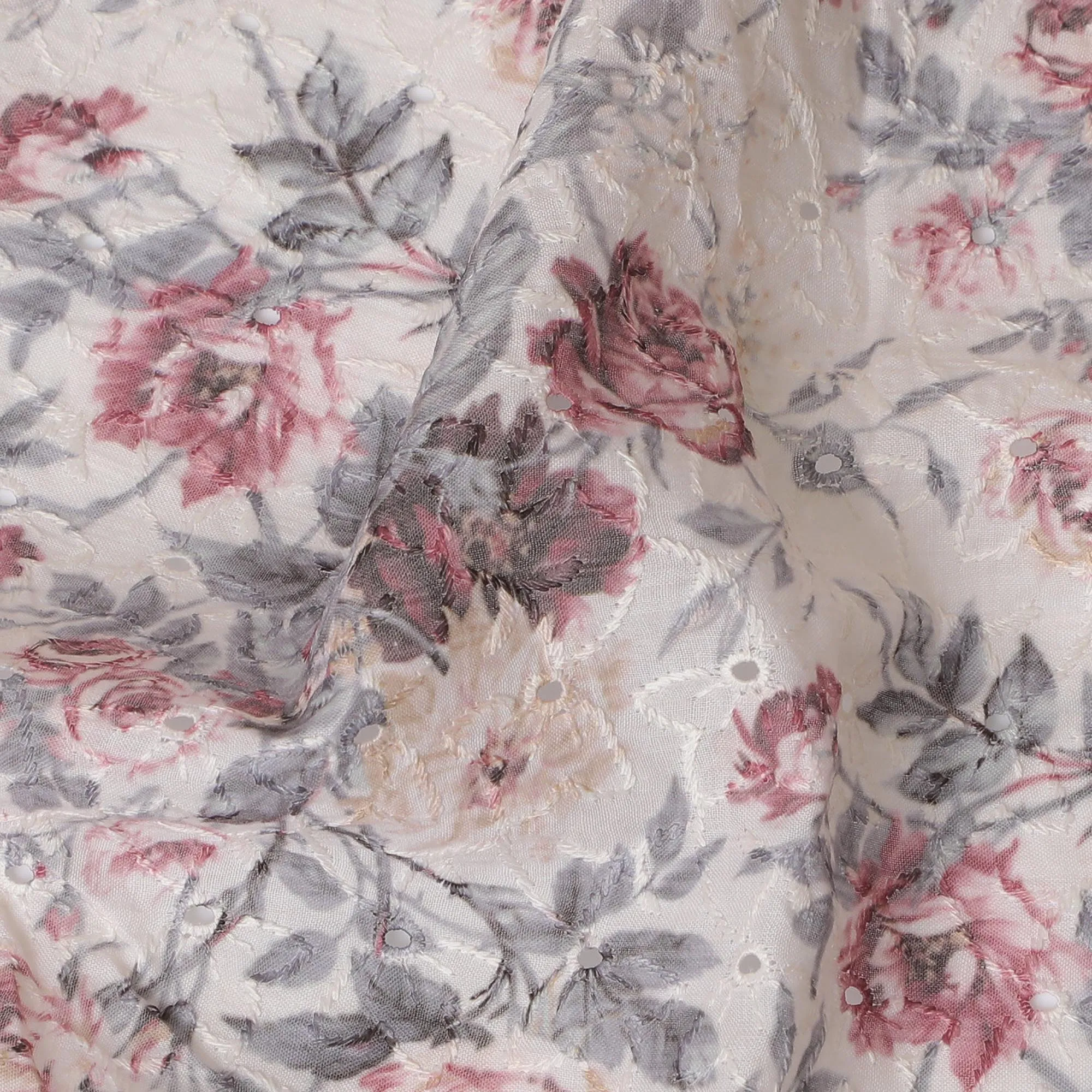 Charming Ivory Floral blended Cotton Lawn Fabric with Embroidery - 110 cm Wide - D19589