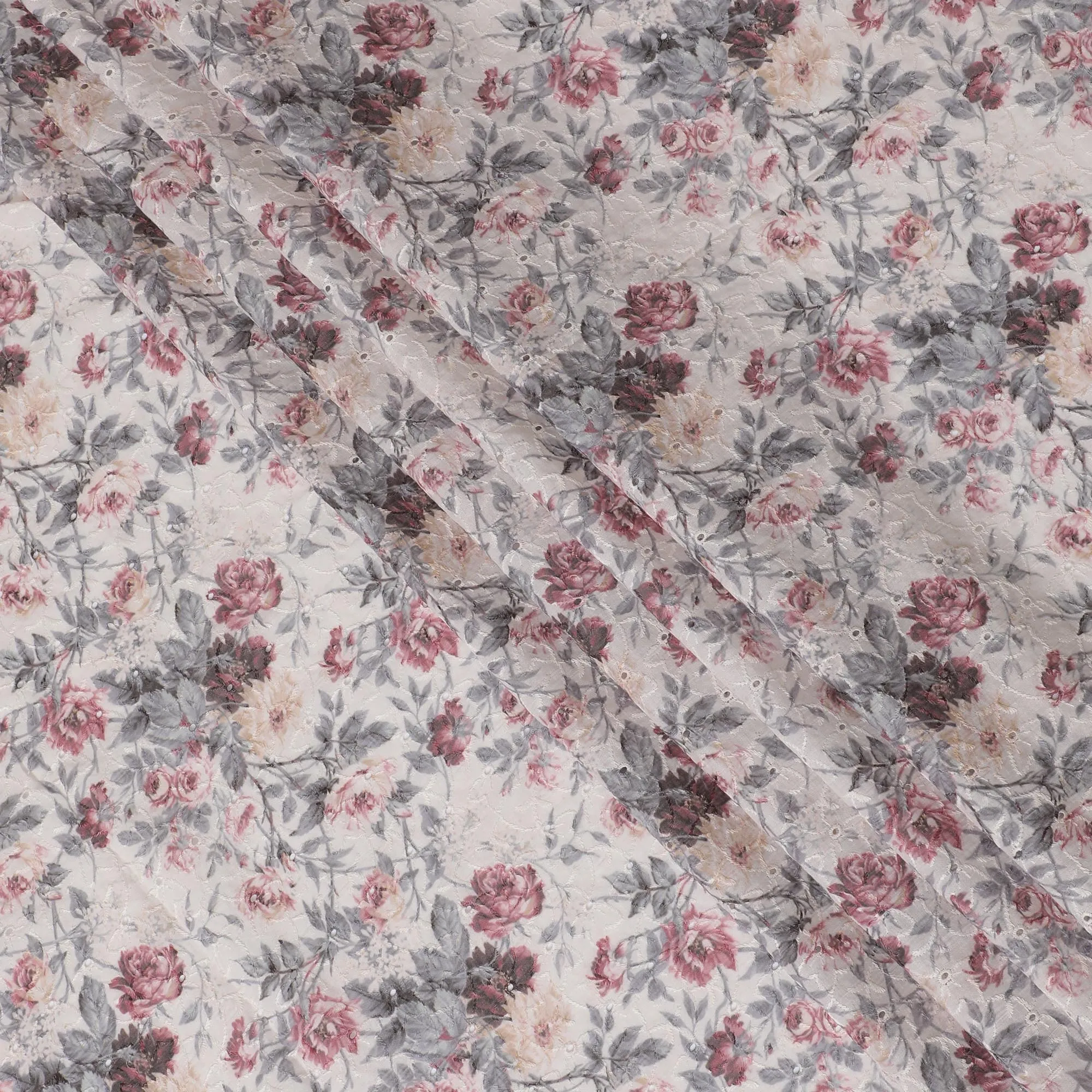 Charming Ivory Floral blended Cotton Lawn Fabric with Embroidery - 110 cm Wide - D19589