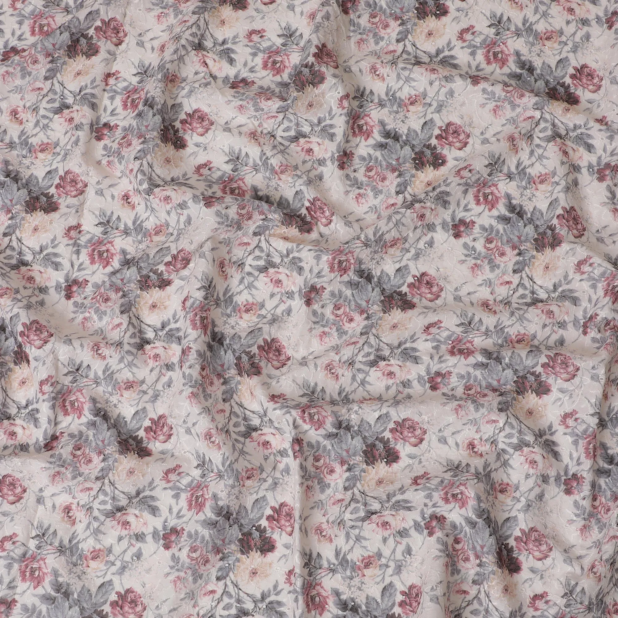 Charming Ivory Floral blended Cotton Lawn Fabric with Embroidery - 110 cm Wide - D19589