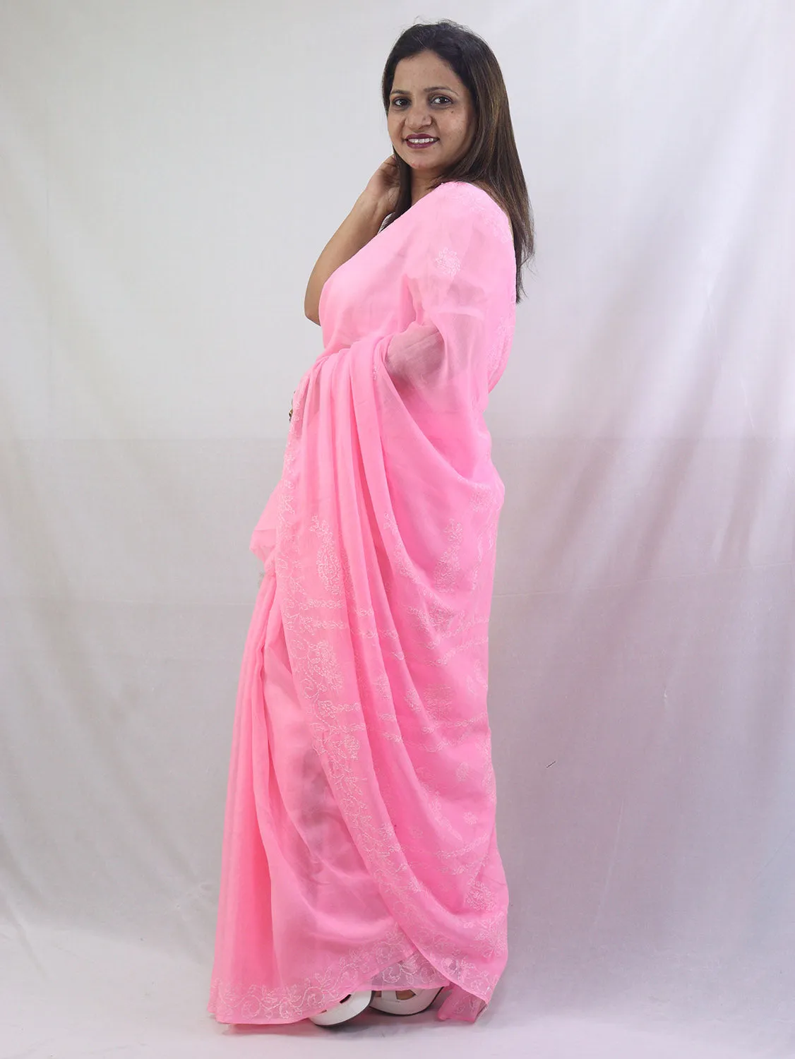 Charming Pink Chikankari Saree with Intricate Embroidery - Pure Cotton