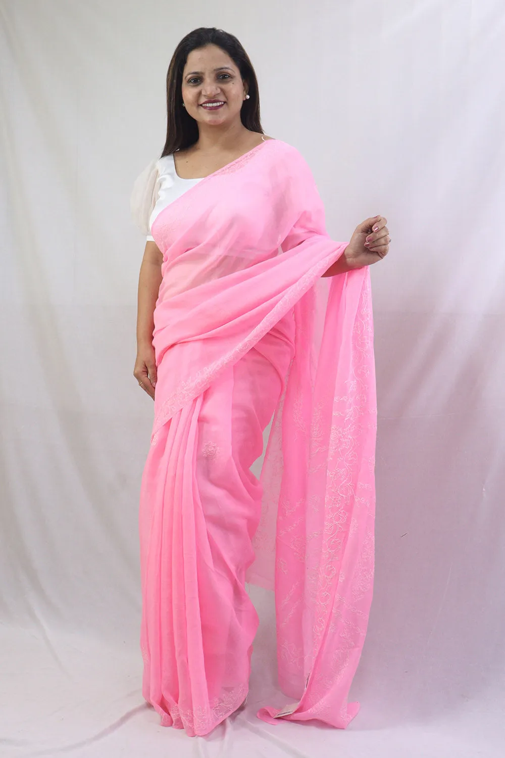 Charming Pink Chikankari Saree with Intricate Embroidery - Pure Cotton