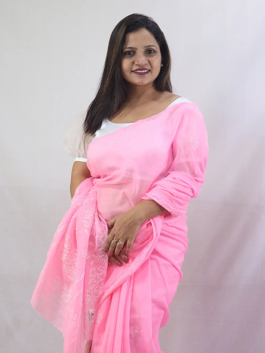 Charming Pink Chikankari Saree with Intricate Embroidery - Pure Cotton