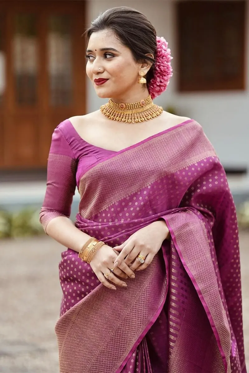 Charming Purple Soft Silk Saree With Most Stunning Blouse Piece