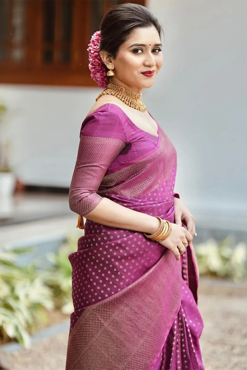 Charming Purple Soft Silk Saree With Most Stunning Blouse Piece