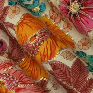 Cream Color Crepe Position Print Embroidery Fabric