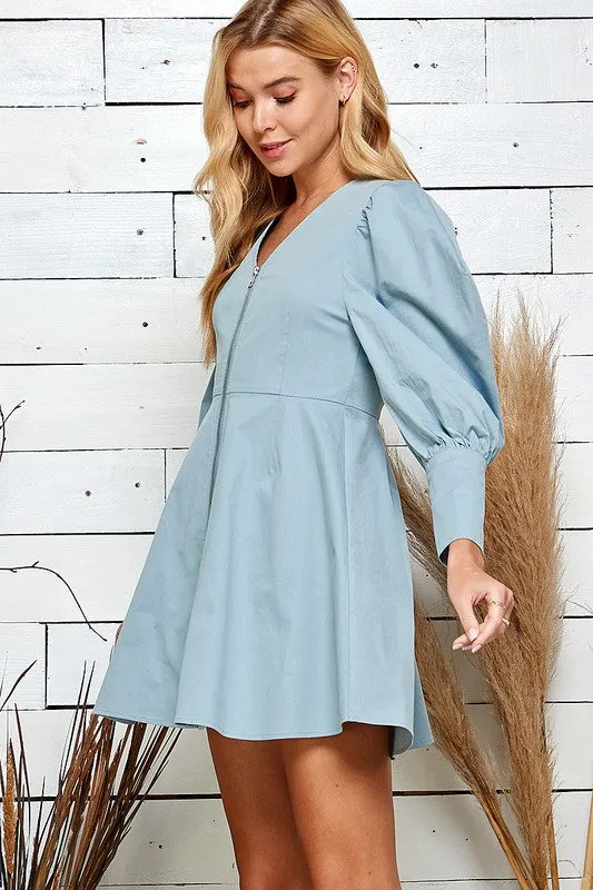 Dusty Blue Zippered Front Cuff Sleeve Mini Dress